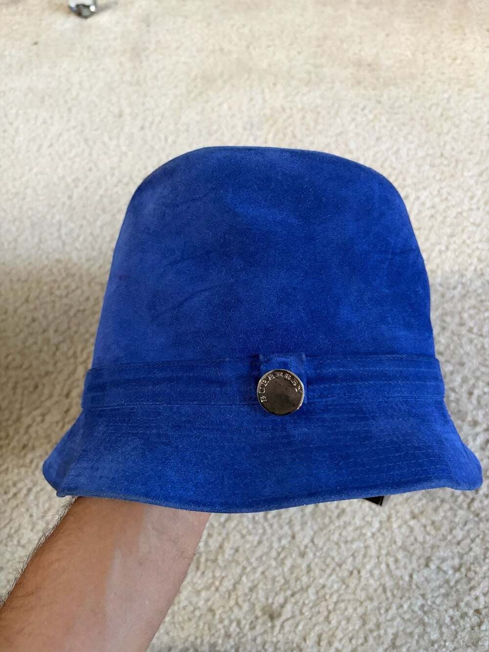 Burberry Royal Blue Suede Bucket Hat with Silver Tone Logo Button
